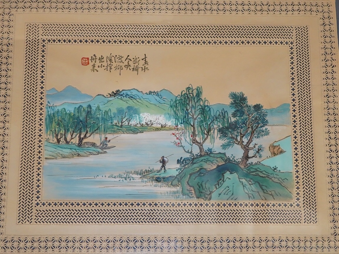 Chinese school, set of four watercolour and gouaches on punched leather, The Four Seasons, signed with character marks and red seal mark, 30 x 40cm. Condition - good